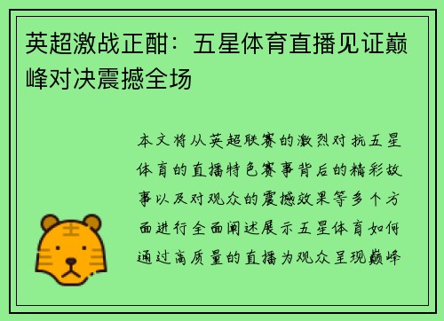英超激战正酣：五星体育直播见证巅峰对决震撼全场