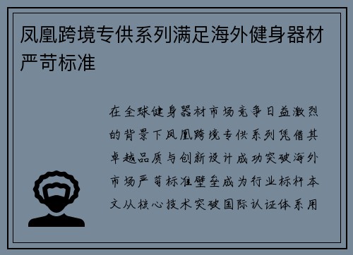 凤凰跨境专供系列满足海外健身器材严苛标准