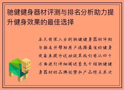 驰健健身器材评测与排名分析助力提升健身效果的最佳选择