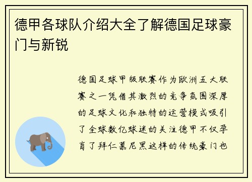 德甲各球队介绍大全了解德国足球豪门与新锐