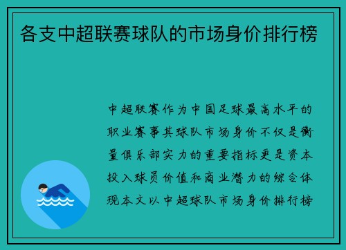 各支中超联赛球队的市场身价排行榜