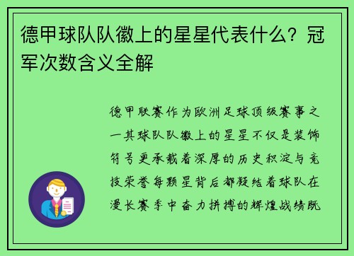 德甲球队队徽上的星星代表什么？冠军次数含义全解